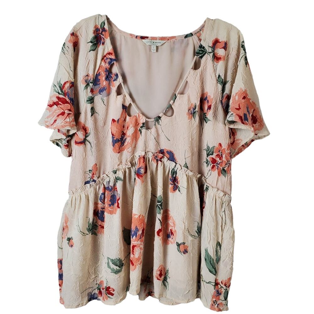 ✨ Lucky Brand Gauzy Peplum Babydoll Floral Boho Top